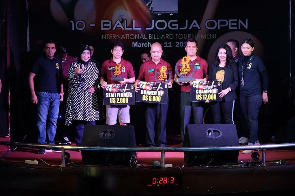  Photo shows from left to right Hushley Jusayan (3rd place), Jundel Mazon (2nd place), and Carlo Biado (champion) , the top three winners in the just ended 10-ball Jogja Open International Billiard Tournament 2018 last Sunday, March 11, 2018 at the Rama Billiard in Yogyakarta, Indonesia.